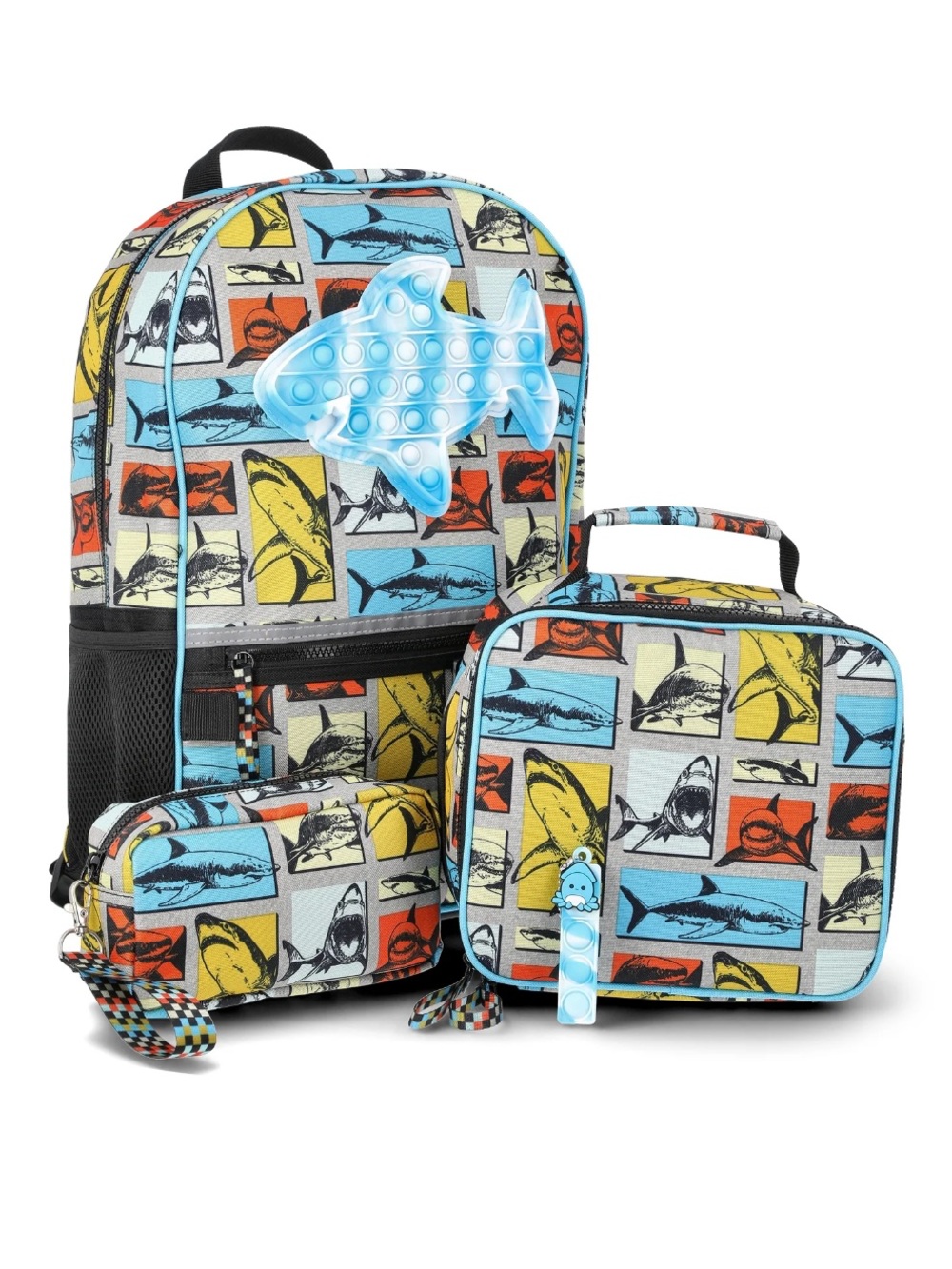 Shark Print Backpack, Lunchbox & Pencil Case Set - Blue, Yellow, Orange